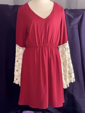 *ZOUK: Red V-Neck Long-Sleeve Dress with Cream Crochet Bell Sleeves